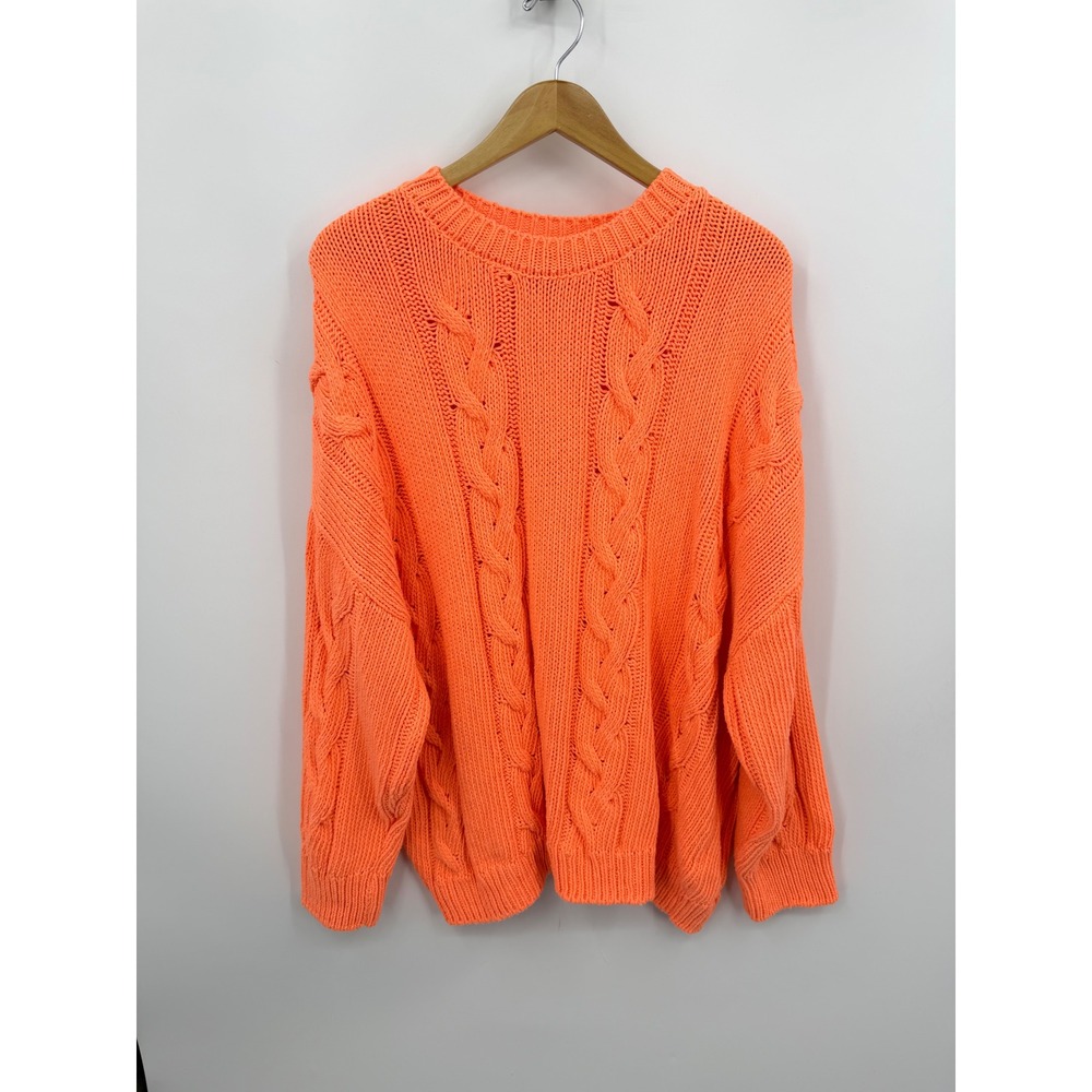 BDG Cable Knit Sweater Womens XL Neon Orange Oversized Crew Neck OB2258615